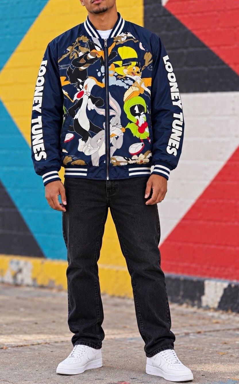 Members Only x Looney Tunes Bomber Jacket Mens M Bugs Bunny Marvin AOP